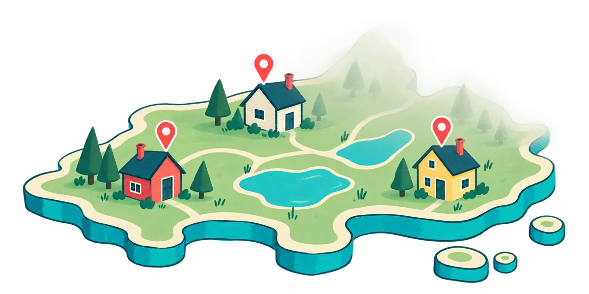 An illustrated island with vacation homes and coral map pins